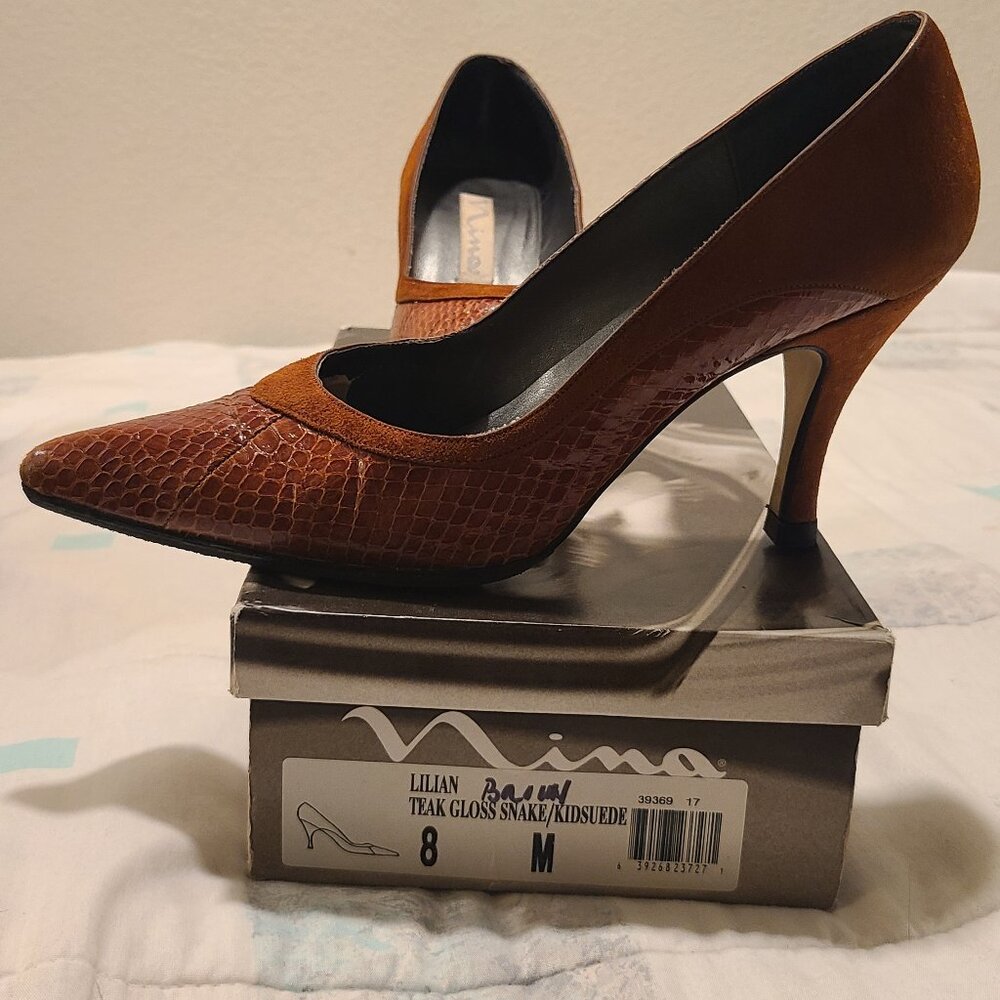 Women’s Brown/Teak Nina Lillian Gloss Snake/Suede Pumps